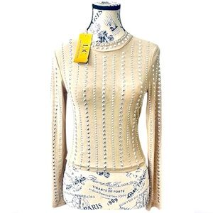 NWT! Lizette Collection Beige Sheer Studded Long Sleeve Top S